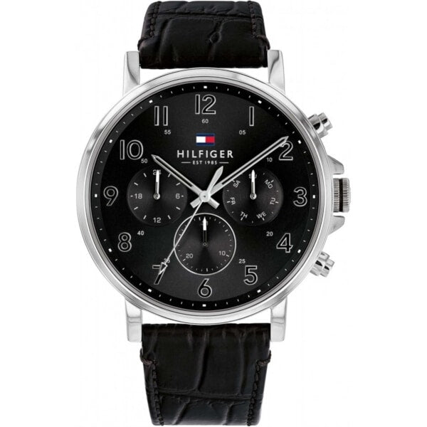 Tommy Hilfiger Daniel Black Dial Black Leather Strap Watch