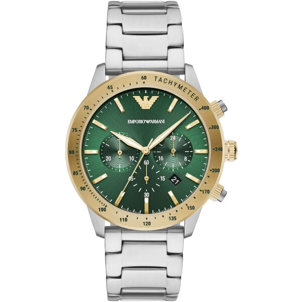 Emporio Armani Mario Chronograph Green Dial Silver Steel Strap Watch