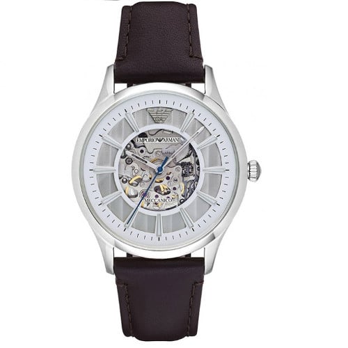 Emporio Armani Meccanico White Dial Brown Leather Strap Watch
