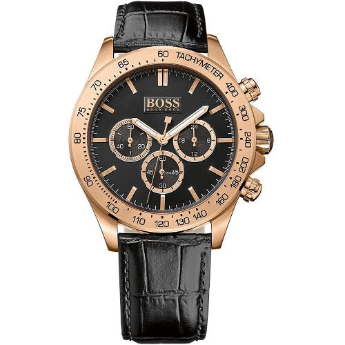 Hugo Boss Ikon Black Dial Black Leather Strap Watch