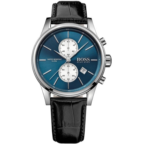 Hugo Boss Jet Blue Dial Black Leather Strap Watch