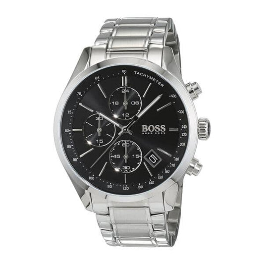 Hugo Boss Grand Prix Black Dial Silver Steel Strap Watch