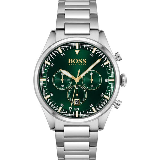 Hugo Boss Pioneer Green Dial Silver Steel Strap Watch