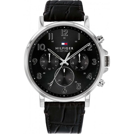 Tommy Hilfiger Daniel Black Dial Black Leather Strap Watch