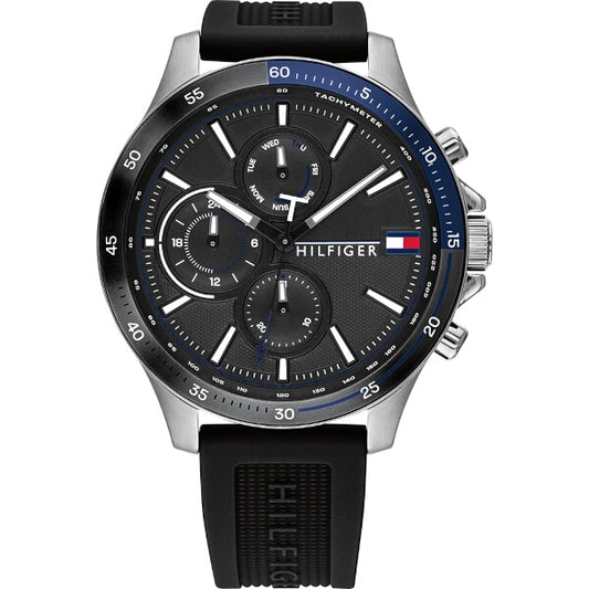 Tommy Hilfiger Bank Quartz Black Dial Black Rubber Strap Watch
