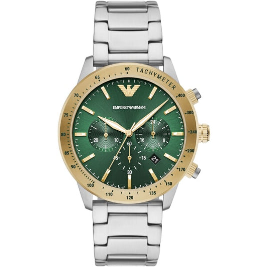 Emporio Armani Mario Chronograph Green Dial Silver Steel Strap Watch