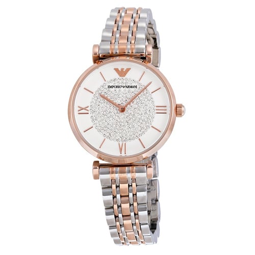 Emporio Armani White Crystal Pave Dial Two-Tone Watch