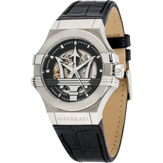 Maserati Potenza Black Leather Strap Skeleton Dial Automatic Watch
