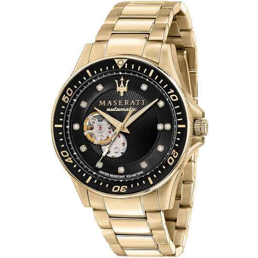 Maserati Sfida Black Dial Yellow Gold Toned Watch