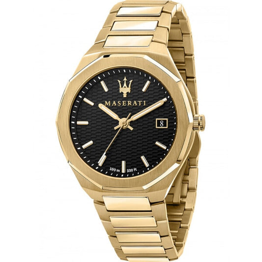 Maserati Stile Black Dial Gold Steel Strap Watch