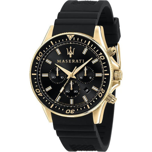 Maserati Sfida Gold Chronograph Silicone Strap Black Dial Quartz Watch
